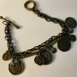 Premier Designs brass plated Loose Chain Queen Elizabeth coin charm bracelet 7"